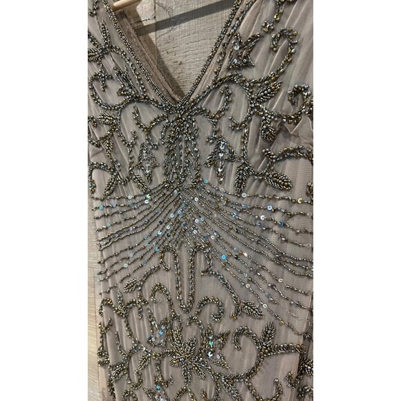 PISARRO NIGHTS Beaded Mesh Column Gown In Oyster size 2 - Picture 5 of 8